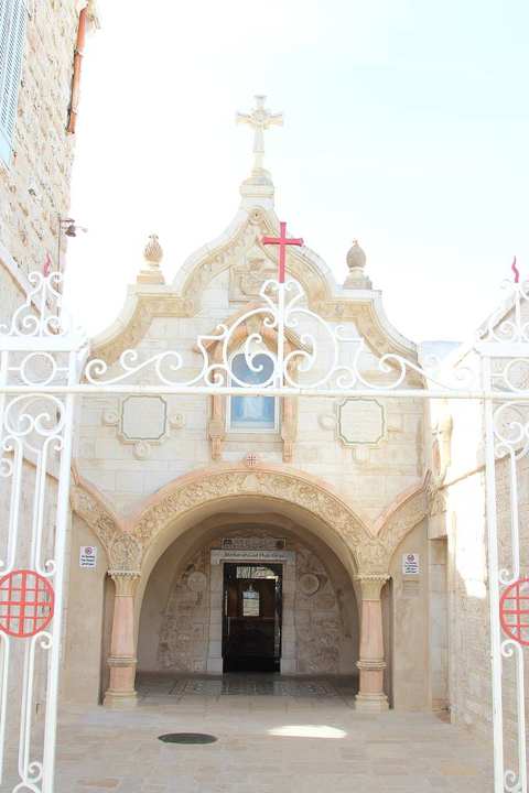 The entrance of the Milk Grotto chapel in Bethlehem. This is the traditional cave, not a scene described in the Gospel.