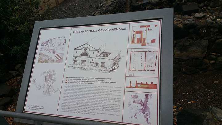 The white limestone synagogue of Capernaum, standing among the black basalt houses.