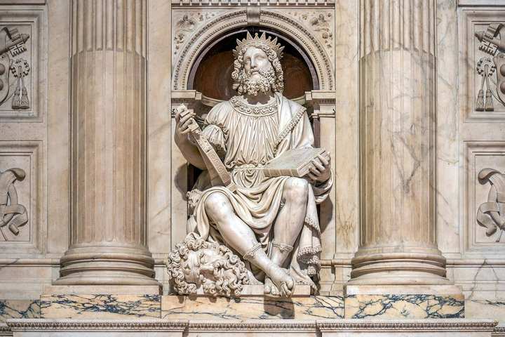The marble screen of the Holy House, with the prophet David on the south wall.
