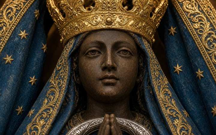 Our Lady of Aparecida — Paraíba River, then Aparecida. Close view of a dark terracotta statue of the Immaculate Conception: a serene face, hands joined, a tall golden crown, a blue mantle with gold stars. No basilica — the statue herself.