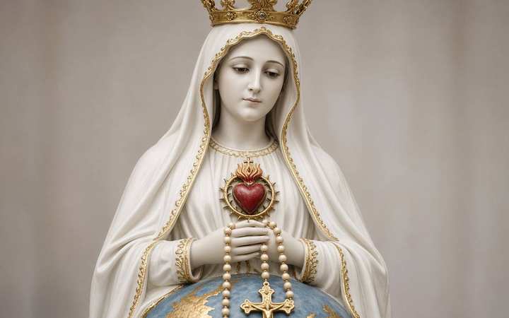 Our Lady of Fátima — Cova da Iria, Fátima. The statue of Our Lady of Fátima: white, crowned, the rosary, the Immaculate Heart.