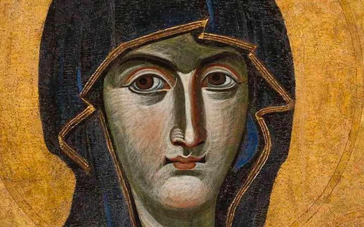 Our Lady of the Snows — Esquiline Hill, Rome. The face of the Salus Populi Romani icon: Mary’s dark eyes, a gold halo, the Child against her cheek.