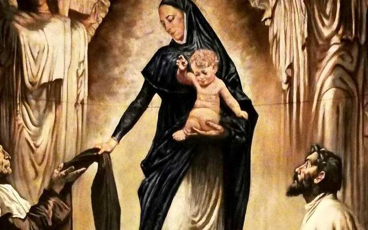 The Brown Scapular of Mount Carmel — Aylesford / Cambridge (the English Carmel). Mary, crowned, holding the Child, extending the brown scapular toward St. Simon Stock in a Carmelite habit.