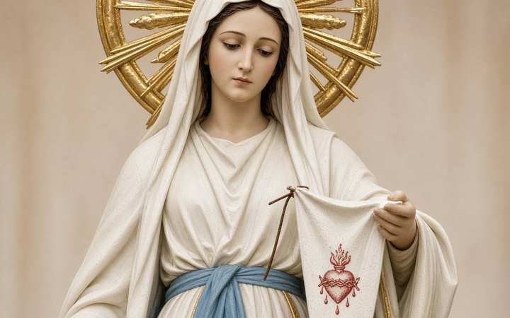 Our Lady of Pellevoisin — Pellevoisin, Indre. Our Lady of Pellevoisin, holding the scapular of the Sacred Heart.