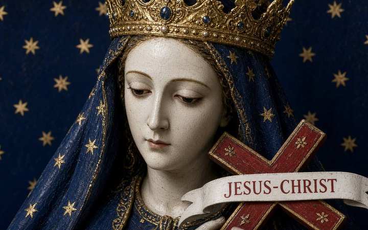 Our Lady of Pontmain — Pontmain, Mayenne. Our Lady of Hope: the Pontmain statue — gold diadem, starry robe, a red crucifix that reads JESUS-CHRIST.