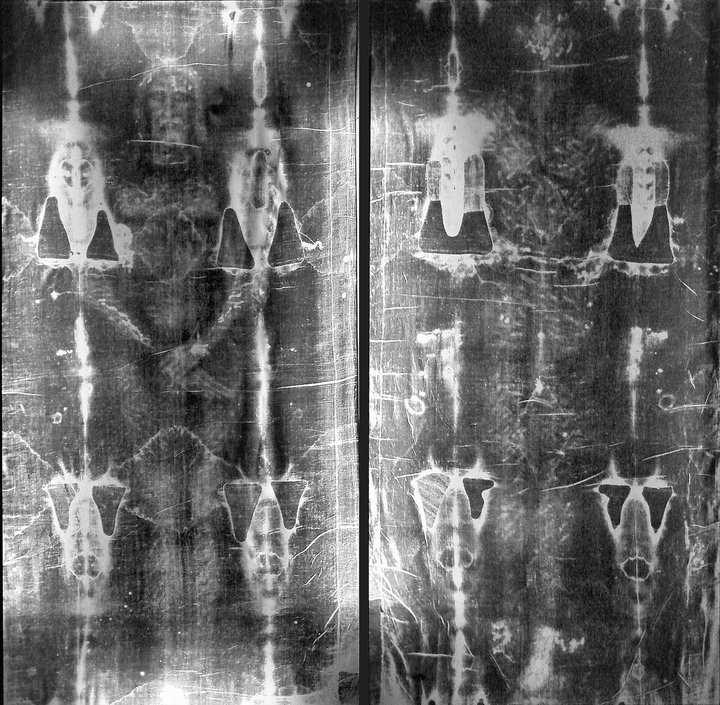The Shroud of Turin — Turin (earlier Lirey, Chambéry). The full length of the Shroud, front and back, as the photographic negative shows the body: head, scourged back, crossed hands, and the wounds. Not the face alone.