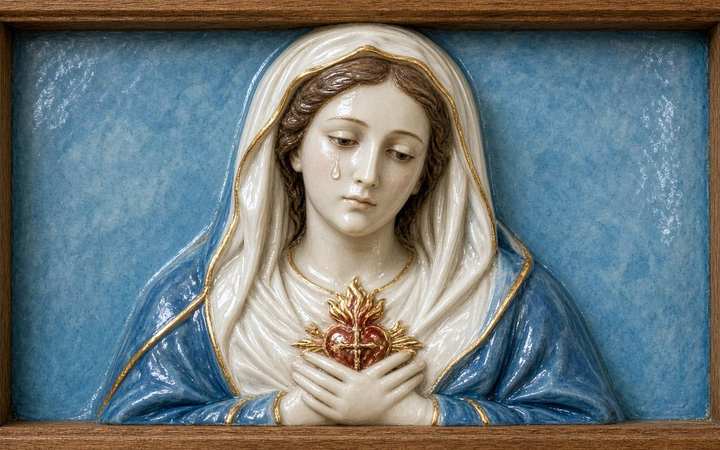 The Weeping Madonna of Syracuse — Syracuse, Sicily. A plaster plaque of the Immaculate Heart of Mary in a wooden frame, a tear on the left cheek.
